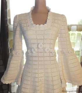 Vintage 70s Crochet Full Sweep Wedding Dress Ball Gown Bohemian Bell 