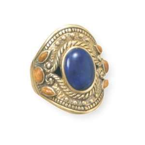  Lapis Lazuli and Coral Large Ring Set in Bronze Bead and 