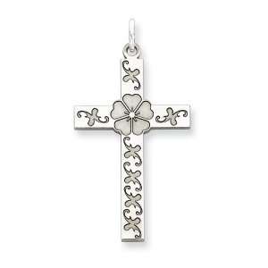  Sterling Silver Laser Designed Cross Pendant with Flowers 