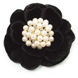  Large Black Velour Faux Pearl Flower Brooch: Jewelry