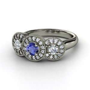   Triple Halo Ring, Round Sapphire Palladium Ring with Diamond Jewelry