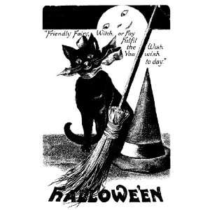  Halloween cat with broom and hat rubber stamp: Arts 