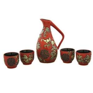 Glazed Ceramic 5 Pcs Japanese Sake Set In Wooden Gift Box 