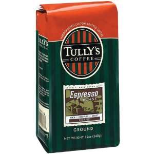 Tullys Coffee Espresso Roast GROUND, 12 Ounce Bag  