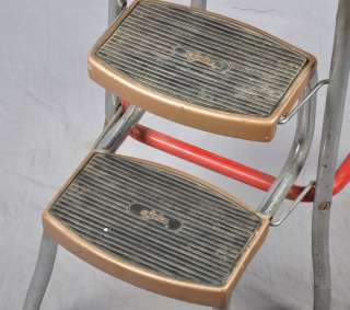   Stylaire Step Stool Chair Chrome & Red Metal w Gold Stairs  