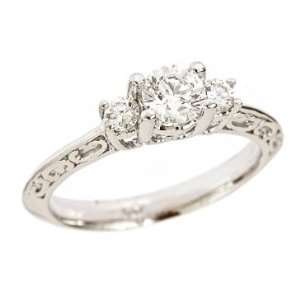  14K White Gold Three Stone Round Diamond Filigree Engagement Ring 