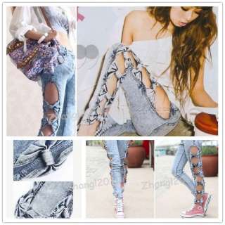 Vintage Sexy Detailed Woman Side Bow Cutout Ripped Denim Jeans 