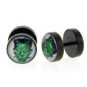 Black Anodized Stainless Steel Fake Plug with Green Frankenstein Logo 