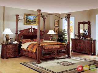 Romeo King Poster Canopy Bed 5 Piece Bedroom Set Cherry Finish w 