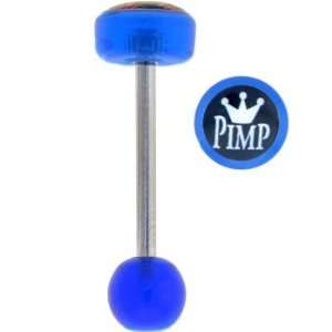  Blue Acrylic King Pimp Logo Barbell Tongue Ring Jewelry