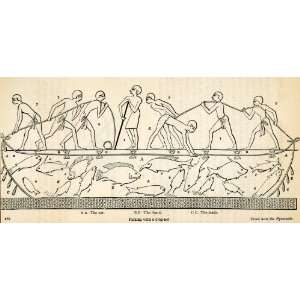  1854 Woodcut Ancient Egyptian Drag Net Boat Fishing 