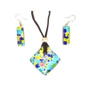   : Blue Green Murano Glass Necklace and Earrings Jewelry Set: Jewelry