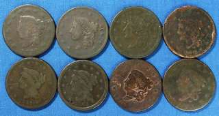   1840 1842 1844 Lot of 8 Liberty Large 1c One Cent Penny Coins  