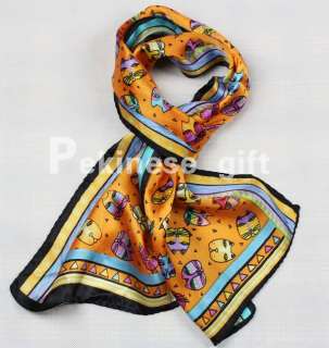 New Orange Yellow 100% Silk Oblong Neck Scarf Cats Face  