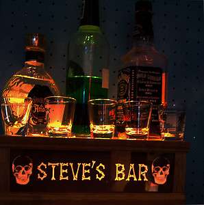 SOLID OAK SHOT GLASS DISPLAY / LIGHTED TOP & PERSONALIZED SKULL BAR 