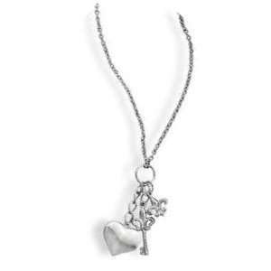  Charm Necklace Fleur de lis, Key, and Heart Rhodium plated 