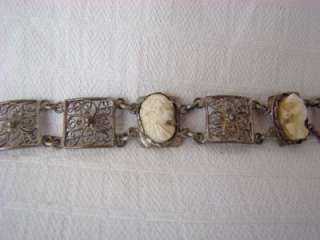 Antique Hand Carved High Relief Cameos Filigree Sterling Bracelet 