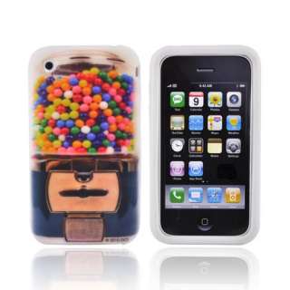 For iPhone 3G 3Gs Gumball Design on White Rubber Grip Silicone Skin 