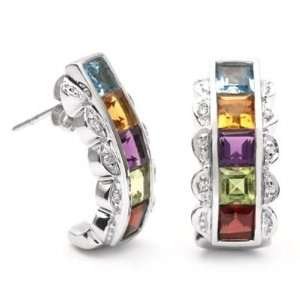  14k White Gold Multi Gemstone and Diamond Rainbow Earrings 