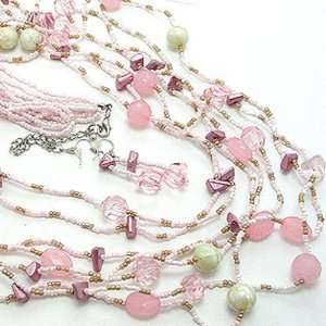  Pink Crystal Stone Beaded Necklace and Earrings Jewelry Set 