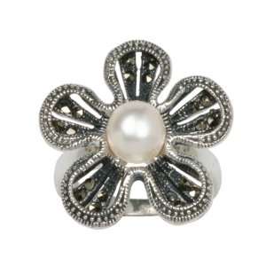   Silver Oxidized Pearl and Marcasite Flower Ring, Size 8 Jewelry