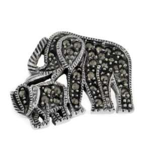    Sterling Silver Marcasite ELEPHANT Mom Baby Brooch Pin Jewelry