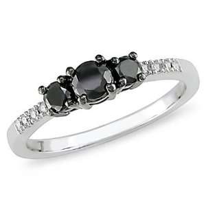   Silver 1/2 CT TDW Black and White Diamond 3 Stone Ring (I3): Jewelry