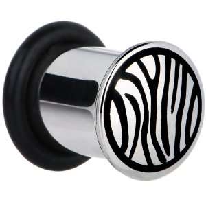  0 Gauge Stainless Steel Black Zebra Striped Plug Jewelry