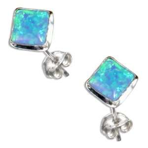   Sterling Silver Square Blue Lab Opal Post Earrings.: Jewelry