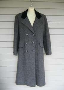Vintage Karen Womens 100% Wool Black Tweed Velvet Collar Long Winter 