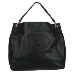 Prada Vitello Daino Black Leather Logo Hobo Bag  Overstock