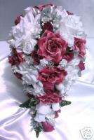 21pc Bridal Cascade bouquet Silk wedding flower MAUVE SILVER WHITE pew 