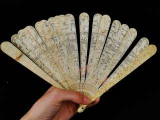   Antique 19C. Chinese Asian Micro Carved Cow Bone Ladies Opera Hand Fan