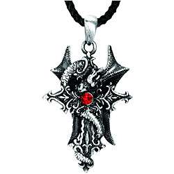 Pewter Red Crystal Dragon and Gothic Cross Necklace  
