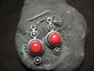   Silver Tone coral color Tribal Gypsy earrings india jewelry  