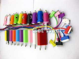 Colorful Wall Car Charger USB Cable iPod iTouch iPhone 4s 4 3Gs 3G 
