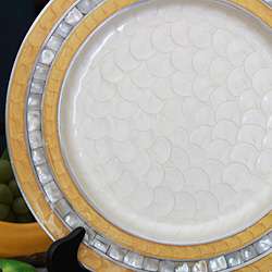 Aluminum Plate with White and Yellow Enamel and Mother of Pearl Border 