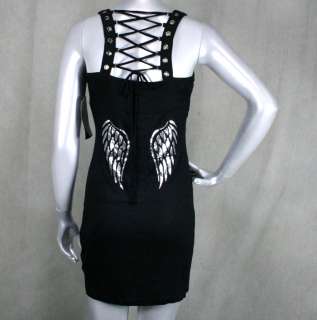 AFFLICTION SINFUL womens LOLA dress black Silver foil Wings lace up 