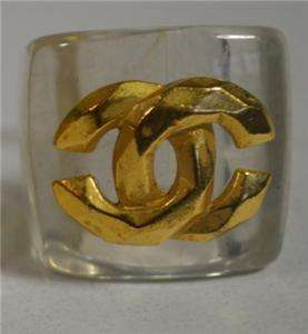 Chanel Vintage 80s Large Chunky Clear Lucite Ring Hammered Goldtone 