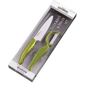  kitchen knife and potato peeler, white advanced ceramic, green plastic
