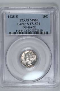 1928 S Large S FS 501 MERCURY DIME PCGS MS 62   Almost FB *RARE COIN 