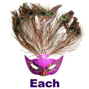  Purple Glitter Venetian Mask with Peacock Feathers & Ribbon Tie 