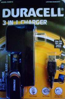 DURACELL 3 IN 1 CHARGER~CHARGE FROM WALL/CAR/USB PORT  