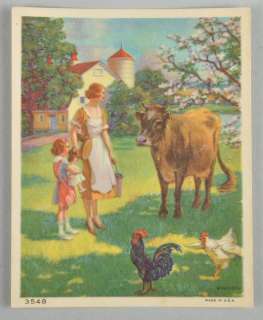Vintage Print 1939 Mother Daughter Farm House Cow Chickens  