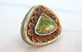 TURKOMAN SILVER TURQUOISE CORAL ADJUSTABLE RING SIZE 7  