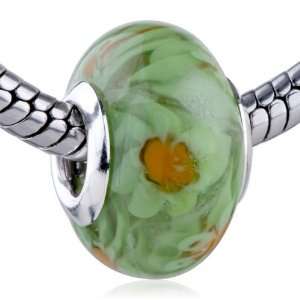  Murano Glass Bead Orange And Green Flower Fit Pandora Bead 