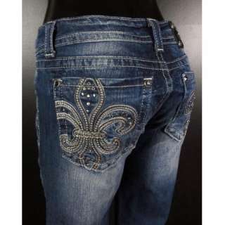 NWT MISS ME JEANS Straight Leg Leather Fleur De Lis with Crystals 