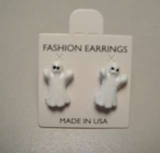 Vintage 60s Halloween White Enamel Ghost Pierced Earrings  