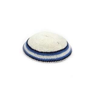   White Knitted Kippah with Black and Dark Blue Stripes 