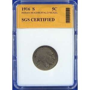  1916 S Indian Head / Buffalo Nickel Certified by SGS 